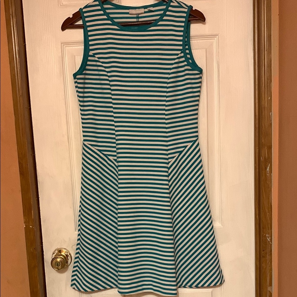 NY & Company Teal White Striped Fit Flare Dress M Summer Work - Picture 2 of 12